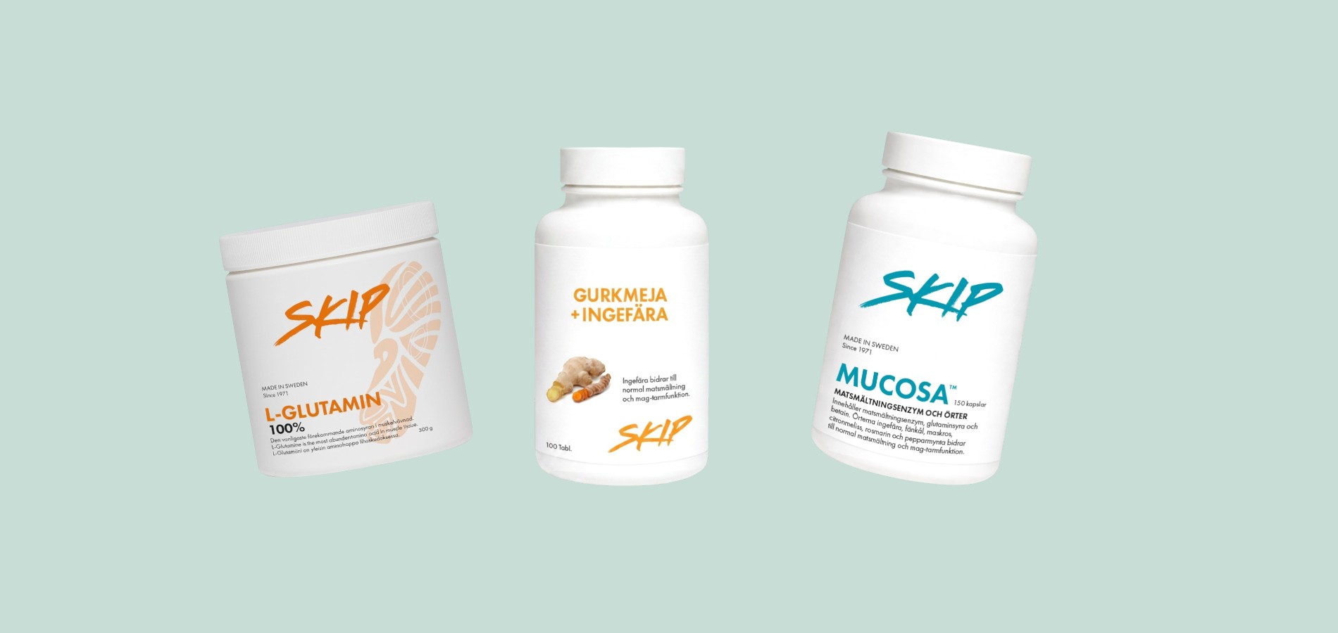 Skip L-Glutamin, Gurkmeja + Ingefära och Mucosa för mage och tarm.